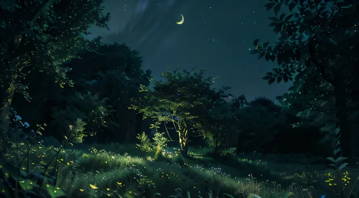 A serene, starry summer night landscape, 8K ultra-detailed masterpiece, lush greenery with glowing fireflies, dramatic lighting, cinematic composition, photorealistic