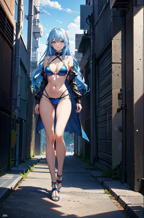 1woman, metallic hair, blue eyes, bikini, standing on ground, high res, ultra sharp, 8K, masterpiece