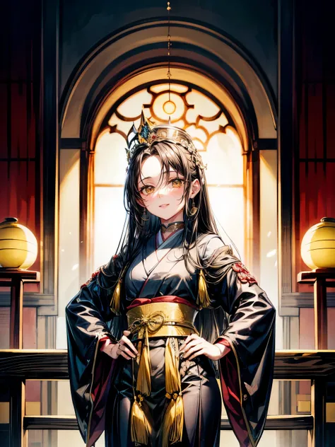 Himiko, ancient Japan, queen, shaman,((Forehead hai)),,long black hair, deep brown eyes, sumptuous attire, crown, sacred altar,regal expression,Stand up,Smile,yellow eyes,smilling,(Hand on hip),Upper body