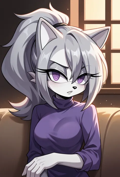 Female wolf, ((Sonic oc character)), (female Sonic character), (dark gray colored fluffy fur), (light gray muzzle), (light gray inner ears), (1girl), (solo), ponytail, (long wavy hair), medium breasts, eyelashes, house, couch, sitting, purple sweater, frin...