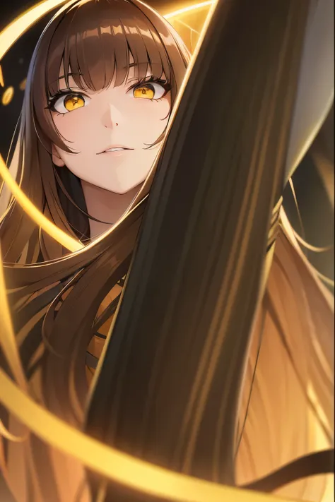 a woman with long, huge brown hair, yellow  eyes, flashy black clothes.