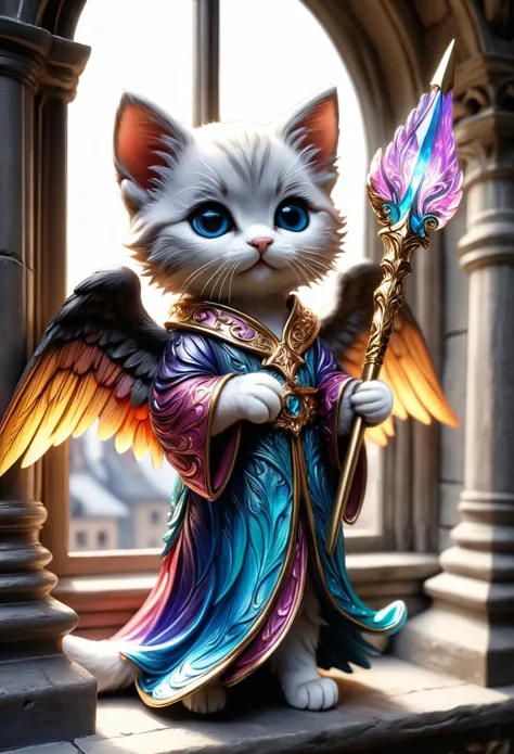 (Soft epic drawing:1.3), close-up of ((statuette:1.3) of cute kitten angel:1.3) (holding a long sharp magic spear:1.2), (long intricate robe:1.2), shimmering colorful wide wings, (((dark fur))), (on castle windowsill:1.3), colorful architecture, masterpiec...