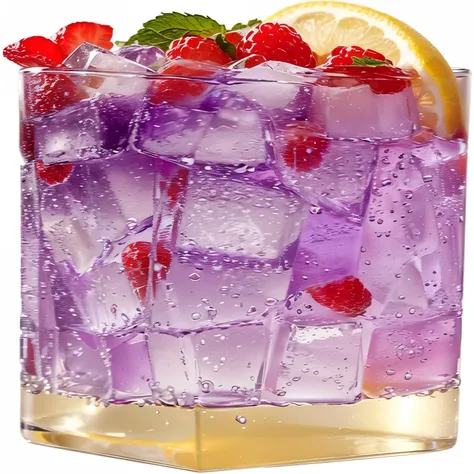 Generate a high-resolution image of a refreshing, vibrant cocktail in a tall glass. The drink is primarily purple, filled with ice cubes, and garnished with small red berries, a slice of lemon, and a sprig of mint. The lower part of the drink transitions i...