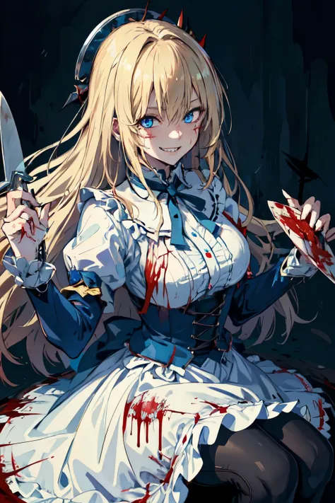 Best quality, 4K,Masterpiece, Extremely detailed, 8K, High detail, Sharp focus, 1girl, Solo, Alice in wonderland, long blonde hair, Detailed eyes, Smile, Gesugao, (Evil smile:1.1), Sharp teeth, (Crazy blue eyes:1.2), Yandere, holding knives, blood spatter