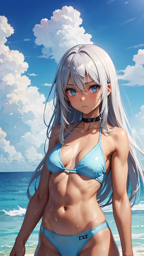 highest quality、Realistic、girl、Silver Hair、Light blue eyes、Long Hair、Light blue swimsuit、Tanned black body、A well-trained body、muscle、Abdominal muscles、athlete、Tan Skin、Brown black skin、slender、Sweat、Arms crossed、Ocean、Bust Shot