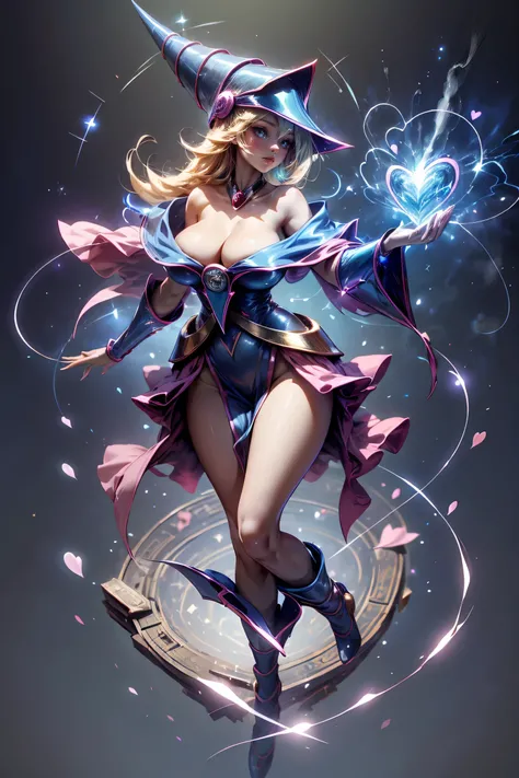 (Masterpiece:1.2), (The best quality:1.2), perfect lighting, Dark Magician Girl casting a spell, floating in the air, big tits and big hips, neckline, magic background. Transparent hearts in the air, blue robe, big hat, From above, sparkles, Yugioh Card in...