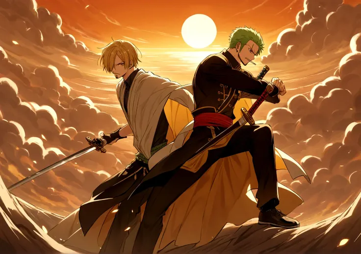 In a vast, open field, under an orange sunset, Zoro and Sanji face each other fiercely. Zoro, with his three swords ready, displays a determined and fierce expression. Their blades shine in the light of the setting sun.

Sanji, with a cigarette on your lip...