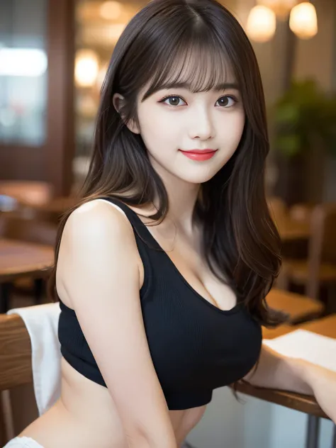 Looking into the camera、Staring at the audience、Normal chest、Cute Smile、((Real Photo:1.5)),Realistic、Live Action、Cleavage、Lightweight tank top、Above the knees photo、Keep your back straight、On the chest、Stand upright、(Surreal),  (High resolution), (8K), ((V...