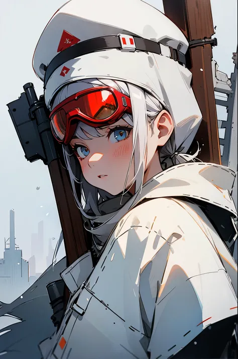 masterpiece, best quality, 1girl, closeup, 1girl, snipler, white outfit, (red goggles), holding a rifle, winter, snowstorm, snowfall, white, city ruins, desolate, watercolor, sketch
