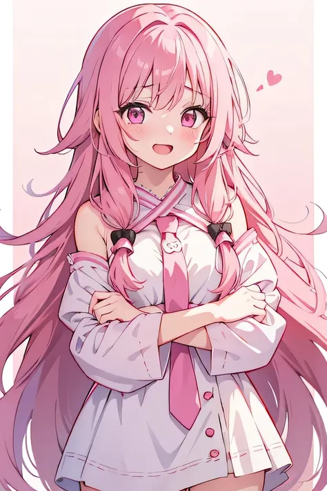 girl, cute anime girl, laughing, open mouth, pink hair, long hair, messy hair, big eyes, pink eyes, blushing, girl, white shawl on the arm
