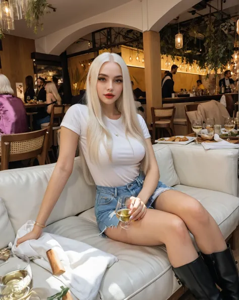 blonde woman sitting on a sofa in a restaurant with a glass of wine, perfect white hair girl, with long blonde hair, ava max, ye...