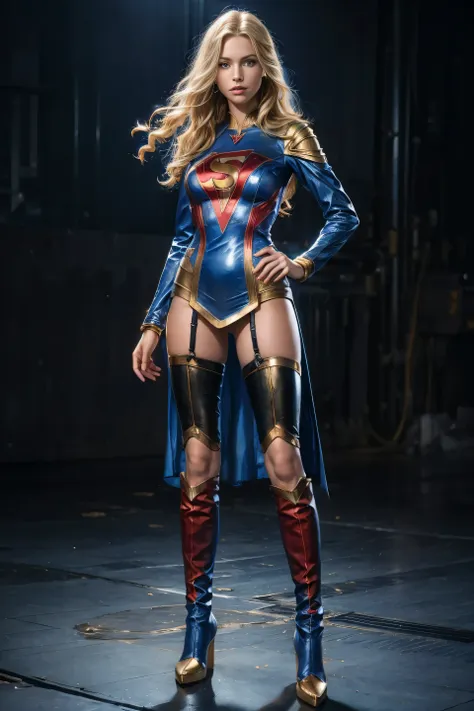 full body superheroine 14 years old young super girl blonde long wavy hair blue eyes red mouth blue and gold leather dress blue ...