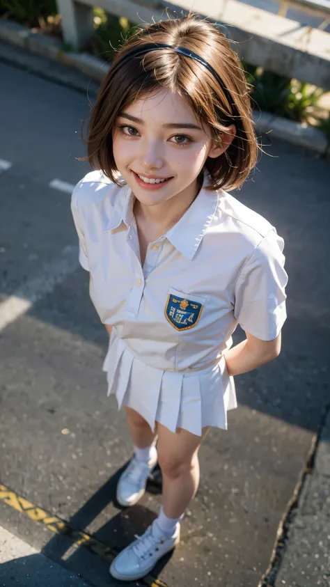 Highest quality, masterpiece, Ultra-high resolution,8K, (Realistic:1.6), (Full body frontal portrait) RAW Photos, 1 Girl,(Full of smiles, Showing teeth)), 22 years old,((Standing with good posture)), school uniform)),((Very short hair with a hair band)),((...