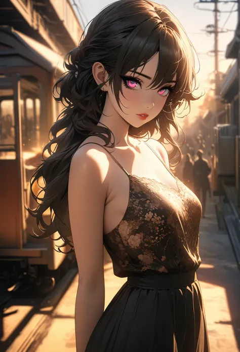 (Miss:1.1, Greece:1.1, portrait:1.1, Japanese cartoon), sunset, (photography), Inside the old train station, Long straight black hair, Long bangs cover the eyes, Long eyelashes, Small Eyes, (Lipstick, Dark eyeshadow), slim, Slender limbs, Bare shoulders, B...