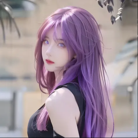 ((realistic anime)) 1girl with long light violet hair and a black top, violet eyes