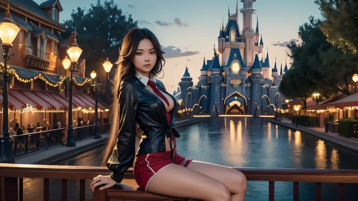 Sexy hot beauty，long hair，Wear sleeves，Tie a knot，shorts，Sexy long legs，fit。Background in Disneyland，Ultra HD， high resolution， Best quality， 8K， High Detail， high quality， Super Detail， Anatomically correct， masterpiece， precise，full，landscape painting，Sc...