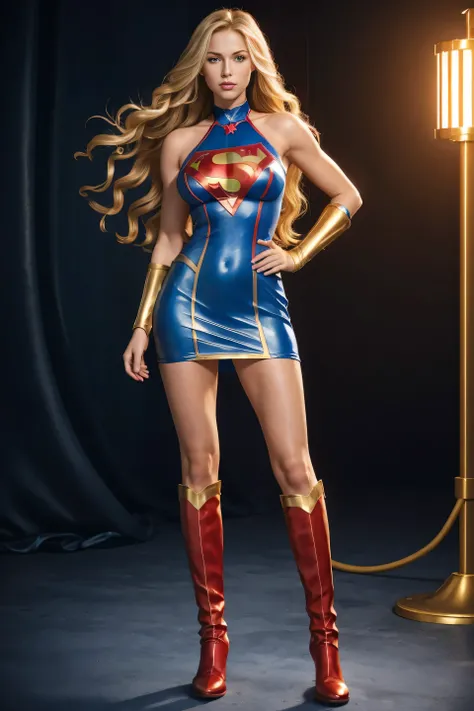 full body superheroine 14 years old young Super Girl blonde long wavy hair blue eyes red mouth tall muscular body big round breasts broad shoulders blue and gold short leather dress blue boots dress hero pose vibrant color octane render photorealistic