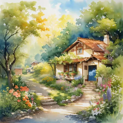 Painting of house with flowers and trees in garden, Beautiful house on a forest path, idyllic Hut, Hut in the forest, Hut, author：Arthur Penn, watercolor painting style, little Hut, flowery Hut, watercolor painting, Beautiful artist rendering, Hut in the w...