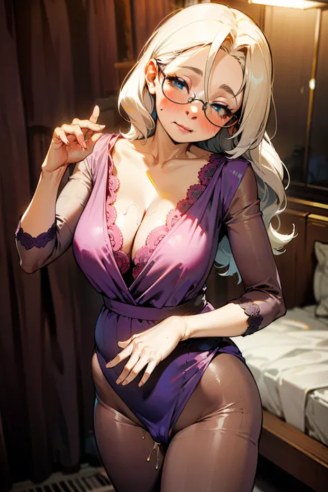 (Masterpiece), Best Quality, ultra-detailed, 1girl (jessie, 60-year-old,Slender and sexy body, Big and pretty breasts, naked body, white hair, long wave hair,blue eyes, half-closed  eyes, a moderately wrinkled face , spectacles),a come-hither face, parted ...