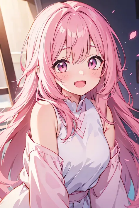 girl, cute anime girl, laughing, open mouth, pink hair, long hair, messy hair, big eyes, pink eyes, blushing, girl, white shawl on the arm
