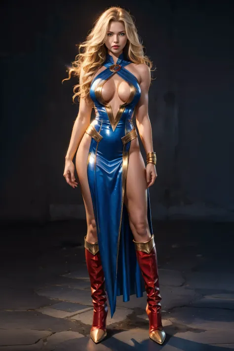 full body superheroine 14 years old young Super Girl blonde long wavy hair blue eyes red mouth tall muscular body big round breasts broad shoulders blue and gold short leather dress blue boots dress hero pose vibrant color octane render photorealistic