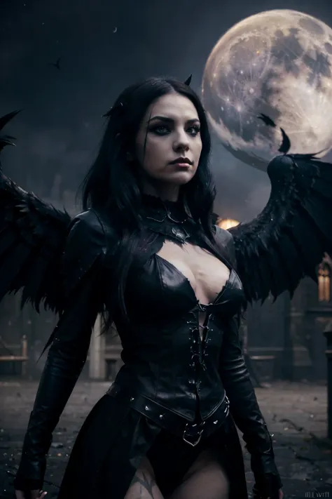 a woman with black wings standing in front of a full moon, raven winged female vampire, dark angel, villainess has black angel wings, dark feathered wings, lilith, gothic, demoness, goddess of anger, dark fantasy style art, raven angel wings, black wings i...