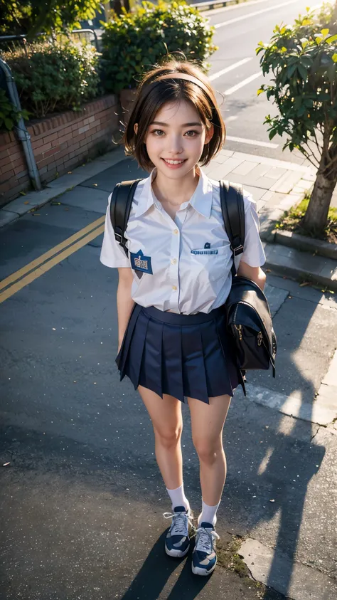 Highest quality, masterpiece, Ultra-high resolution,8K, (Realistic:1.6), (Full body frontal portrait) RAW Photos, 1 Girl,(Full of smiles, Showing teeth)), 22 years old,((Standing with good posture)), school uniform, backpack)),((Very short hair with a hair...