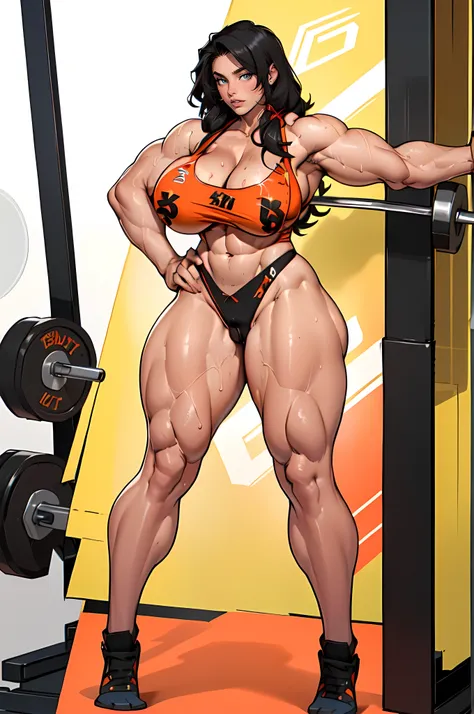 curvy ((Sexy Slut:2)) (Massive Female Bodybuilder:2) (Wide hips:1.6) (Narrow waist:1.6) (Long Legs:1.6) ((Huge breasts:2))  black hair yellow eyes