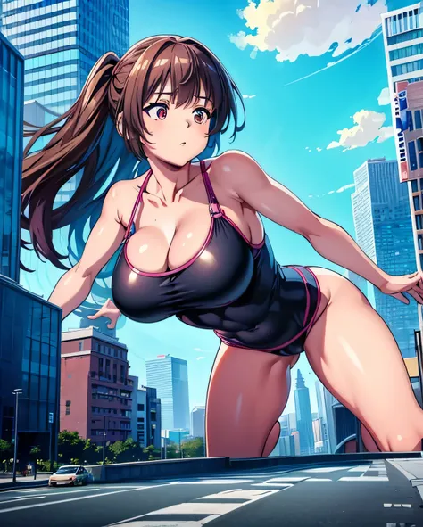 realistic　　90s　giant girl on the road of the big city girl in bikini swimsuit female giant
giant girl
Whole body sneakers　
Destroyed skyscrapers Destroyed cars Crowd Unreal Engine, ,anmnr,giantess,giant girl,Big city, valley between buildings, h