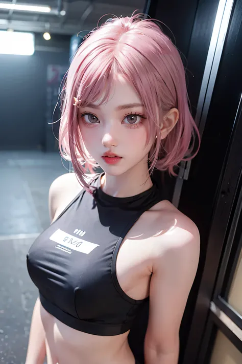 Highest quality, Ultra-high resolution, Realistic, Browsing Caution, Cyberpunk sexy pink hair girl、Take photos in a studio environment with a gray background, View your viewers, Upper Body, thin, Visible Cracks, Crop top,Big Breasts,Small and beautiful nip...