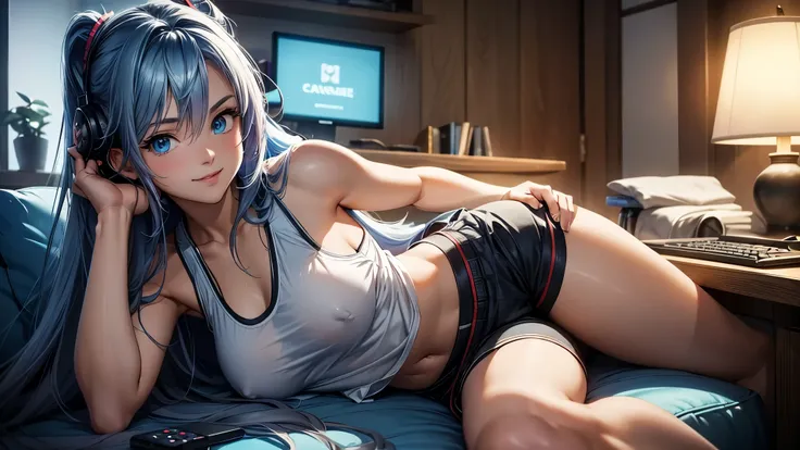 Create a high-quality, detailed image of a beautiful, anime gamer girl with long hair, bright blue eyes, and a smile, sitting at her gaming PC in her gaming room. She is wearing a see through tank top, barely showing her nipples, and sleep shorts, showing ...