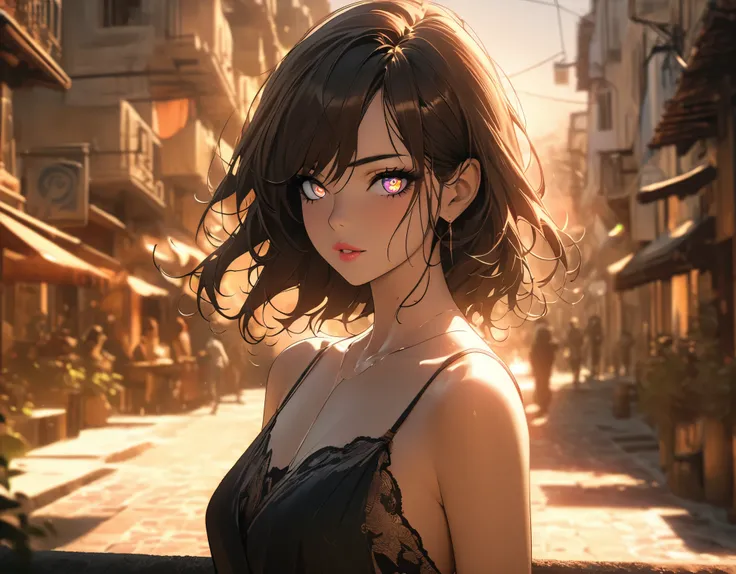 (Miss, portrait:1.2), (Japanese cartoon), (Greece:1.3), sunset, (photography), Greece海島的海濱別墅, Long straight brown hair, Long bangs cover the eyes, Long eyelashes, [[Small Eyes]], (Lipstick), [Dark eyeshadow], slim, Slender limbs, Bare shoulders, Black skir...