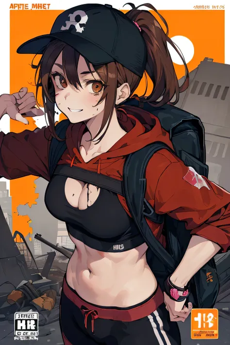 (animesque:1.3), (cover-style:1.3), Extreme refinement, 1girl in、brown hair, smile, brown eyes, ponytail, baseball hat, sports bra, hoodie, leggings, backpack, sneakers, apocalypse, apocalyptic clothes, zombie apocalypse, survival gear, shoujo, 2000’s anim...