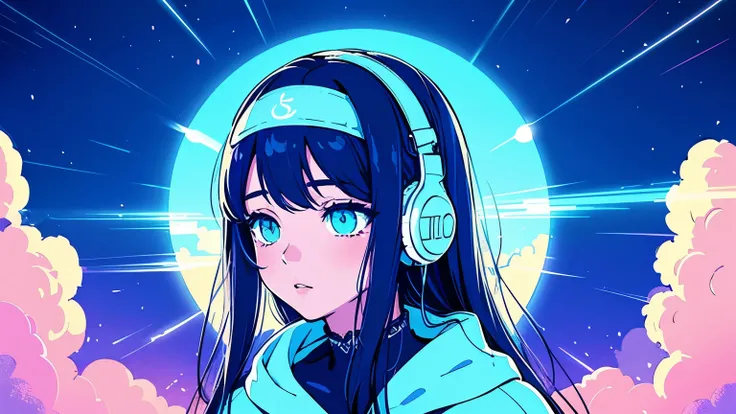 a detailed anime girl wearing headband headphones, lofi, tranquil, quiet atmosphere, chilling, looking at the sky, sunlight, boundless skies, beautiful detailed eyes, beautiful detailed lips, extremely detailed face, long eyelashes, intricate digital art, ...