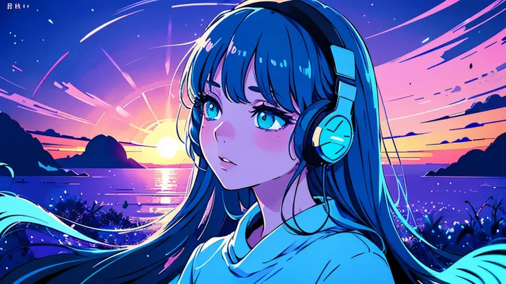 a detailed anime girl wearing headband headphones, lofi, tranquil, quiet atmosphere, chilling, looking at the sky, sunlight, boundless skies, beautiful detailed eyes, beautiful detailed lips, extremely detailed face, long eyelashes, intricate digital art, ...