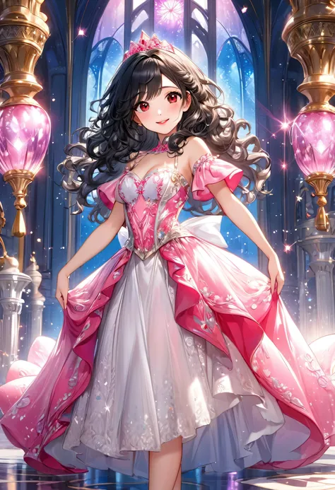 (standing full body style) (in a detailed elegant Princess dress with Magical effect), (solo:2, 15 yo curly:1.3 black hair long hair cute girl, cute red eyes, happy smile, medium tits, soft make up face, pink lips), break, (Ladylike pose), in the enchanted...