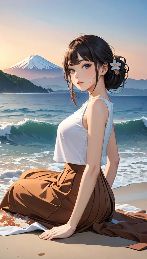 Highest quality, Super quality, 16K, Incredibly absurd, Very detailed, 2.5D, delicate and dynamic, blue sky, Calm sea, Sandy Beach, Sunset, Fuji Mountain, Small face, Extremely delicate facial expression, Delicate eye depiction, Extremely detailed hair, Up...