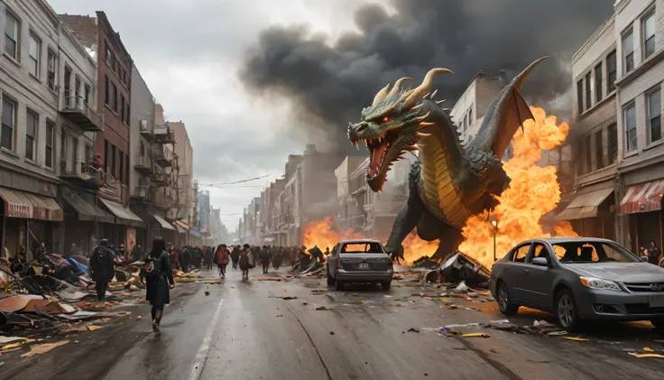 an urban street in chaos with people fleeing from a large, fiery dragon amidst debris and abandoned vehicles, under an overcast sky.
