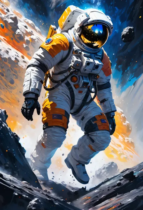 astronaut, climbing the asteroid, character render, ultra high quality model, ethereal background, abstract beauty, explosive volumetric, oil painting, heavy strokes, paint dripping