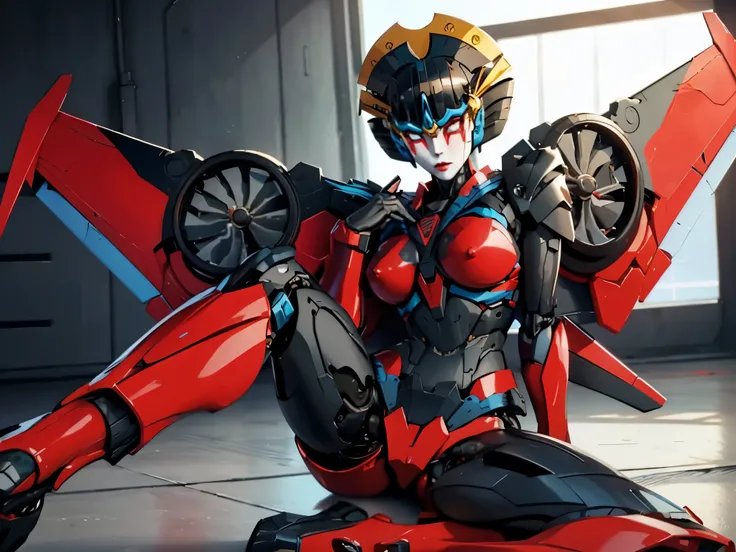 windblade, robot, mecha, autobot, sexy pose, ((wings)), naked, nipples, masturbating on the floor in an aircraft hangar