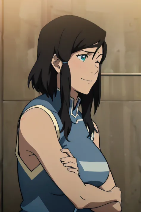 Korra,1girl, solo, upper body, side view, viewed from side, smile, sensual expression,eyes closed,leaning forwards,leaned forwards,sweaty