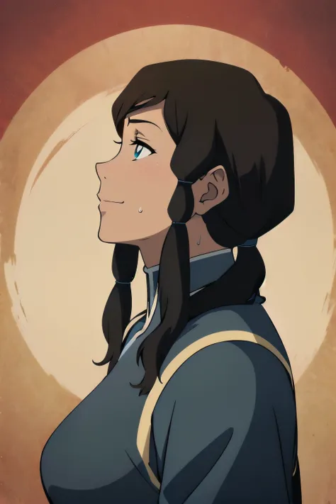 Korra,1girl, solo, upper body, side view, viewed from side, smile, sensual expression,eyes closed,leaning forwards,leaned forwards,sweaty