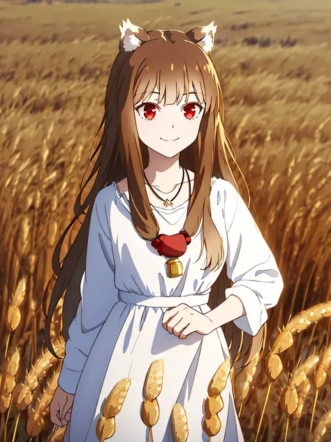 1girl, solo, masterpiece, best quality, illustration, absurdres, cute, film_grain, extremely detailed face, perfect lighting, light smile, full_body, long hair, brown hair, animal ears, red eyes, wolf tail, necklace, outdoors, plains, wheat,