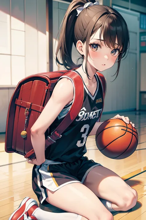 masterpiece, hd, realistic, 1girl, brown hair, ponytail, wear basketball team tanktop, basketball shortpants, white socks, baske...