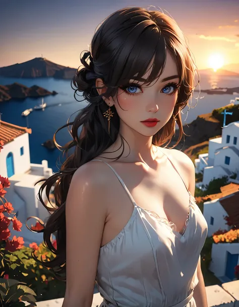 (Miss, portrait:1.2), (Japanese cartoon), (Greece:1.3), sunset, (photography), Greece海島的海濱別墅, Long straight brown hair, Long bangs cover the eyes, Long eyelashes, [[Small Eyes]], (Lipstick), [Dark eyeshadow], A faint smile, slim, Slender limbs, Bare should...