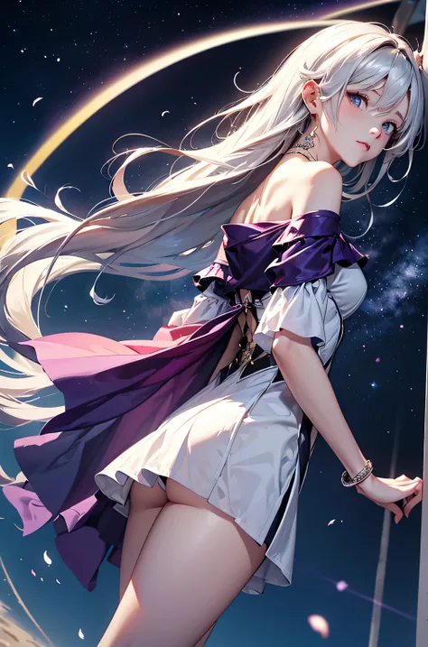 (masterpiece:1.5, Highest quality, Very detailed、 Dutch Angle、Semi-Realistic、Fantasy)(One girl, alone)(White and beautiful hair:1.4,,Straight Long Hair)(White based dress)、((Off the shoulder、Medium Chest、ruby ​​necklace))(from side,The buttocks are slightl...