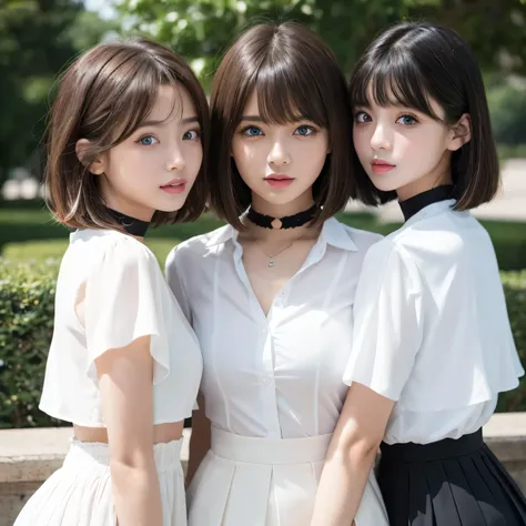 Group photo、((Layered Haircut)),（8K，Highest quality），Full Body Shot、uniform，class，White shirt、Wear a JK miniskirt，Full body photo:1.9， Android， Adorable， smile， Slim face, Slim body， Short Brown Hair， 32k, masterpiece， Best image quality，Ultra-high resolut...