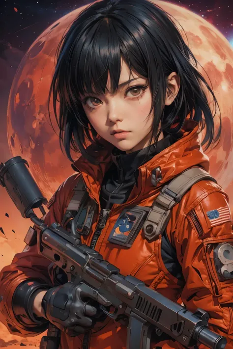 Anime girl with a gun in front of a planet with a red moon, Portrait Anime Astronaut Girl, Akira art style, Akira Style illustration, Akira art style, Akira Vibe, Modern science fiction anime, Akira Style, akira movie style, Armored astronaut girl portrait...