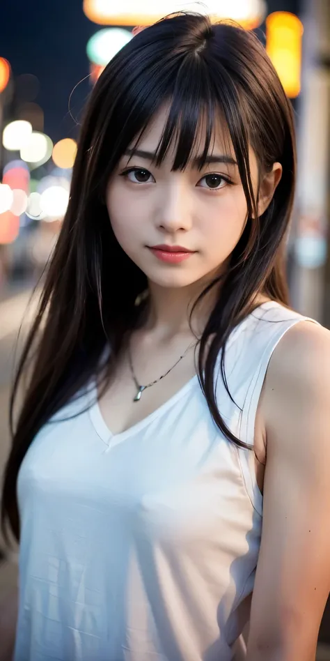 1 Girl, Tokyo Street,night, Streetscape,City lights,Upper Body,close,smile,, (8K, Raw photo, highest quality, masterpiece:1.2),(Realistic, photo-Realistic:1.37),