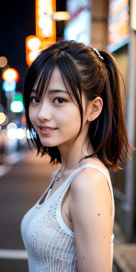 1 Girl, Tokyo Street,night, Streetscape,City lights,Upper Body,close,smile,, (8K, Raw photo, highest quality, masterpiece:1.2),(Realistic, photo-Realistic:1.37),